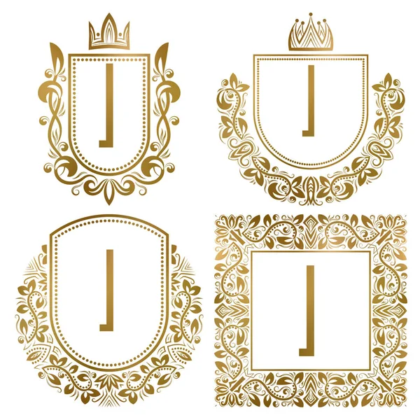 Набор золотых винтажных монограмм. Геральдические логотипы с буквой I . — стоковый вектор