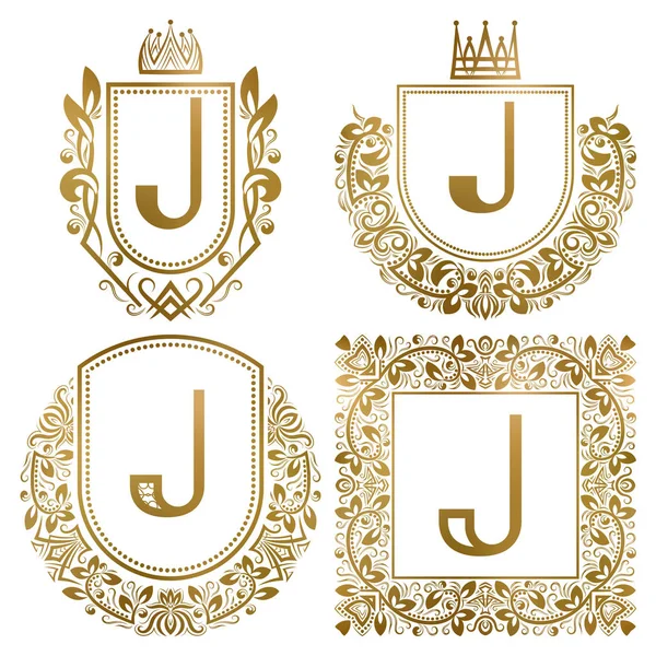 Conjunto de monogramas vintage dorado. Logotipos heráldicos con letra J . — Archivo Imágenes Vectoriales