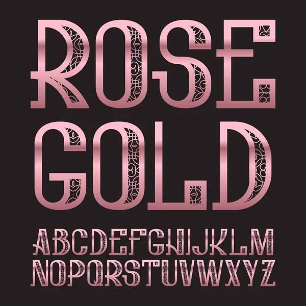 Roségold-Schrift. goldrosa gemusterte Schrift. Vereinzelt verschnörkeltes englisches Alphabet. — Stockvektor