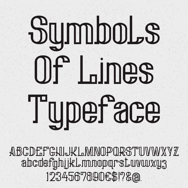 Symbols of lines typeface. Isolated black capital and lowercase letters, numbers. — Stock Vector