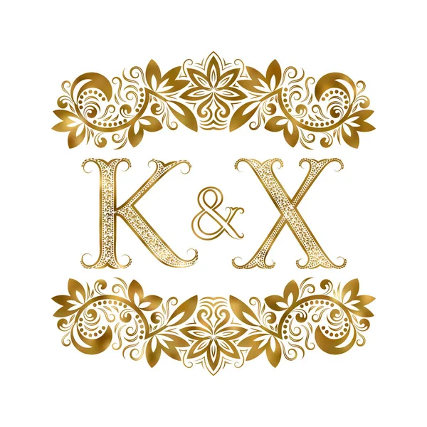 Символ логотипу K та X вінтажних ініціали. Літери оточені декоративними елементами. Монограма весільних або ділових партнерів в королівському стилі . — стоковий вектор