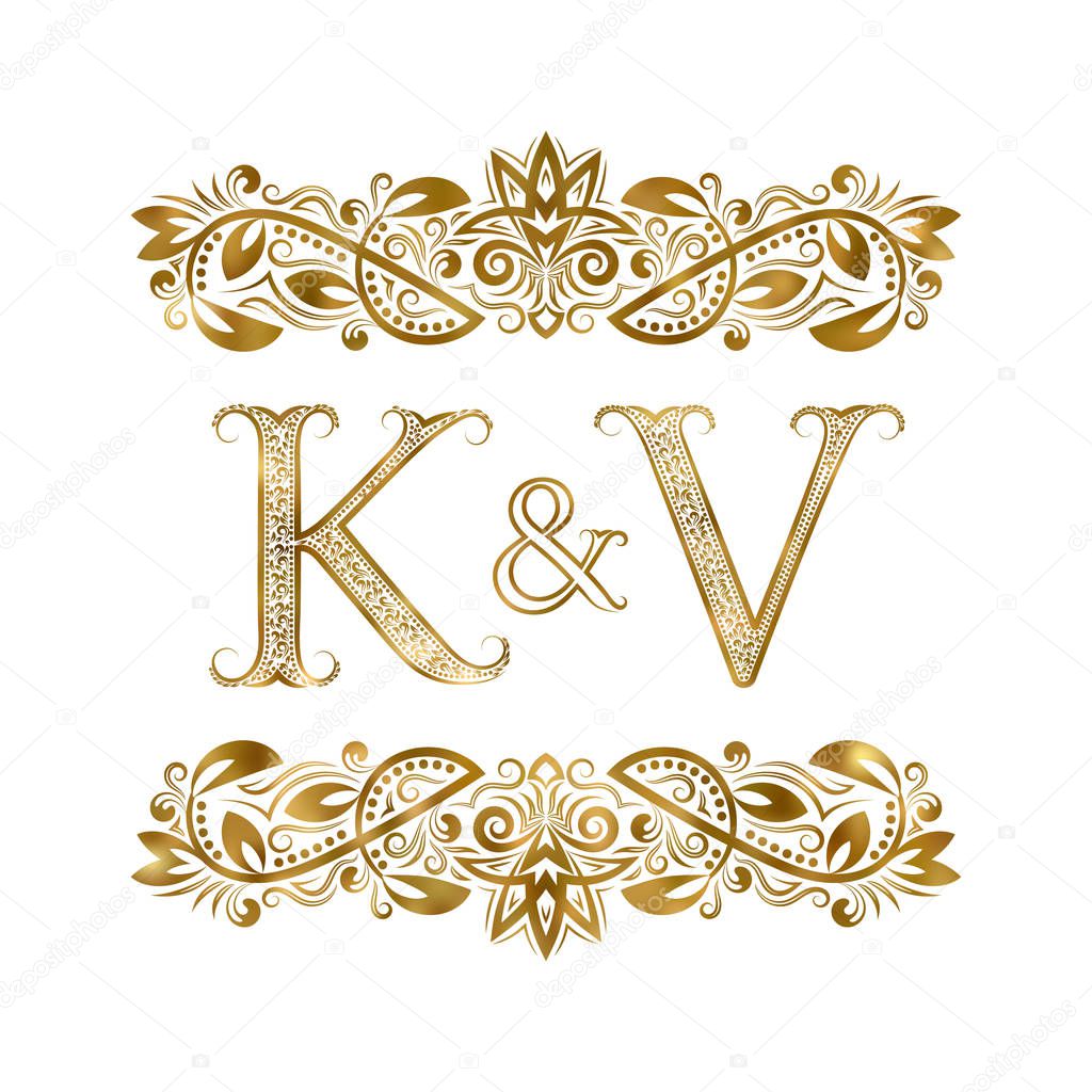 K and V vintage initials logo symbol. The letters are surrounded by ornamental elements. Wedding or business partners monogram in royal style.