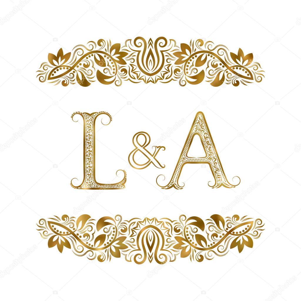 L and A vintage initials logo symbol. The letters are surrounded by ornamental elements. Wedding or business partners monogram in royal style.
