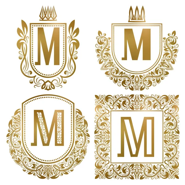 Ensemble de monogrammes vintage doré. Logos héraldiques avec lettre M . — Image vectorielle