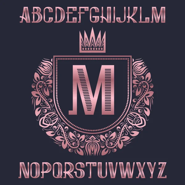 Letras de oro rosa con plantilla de escudo de armas. Impresionante fuente y elementos kit para el diseño del logotipo . — Vector de stock