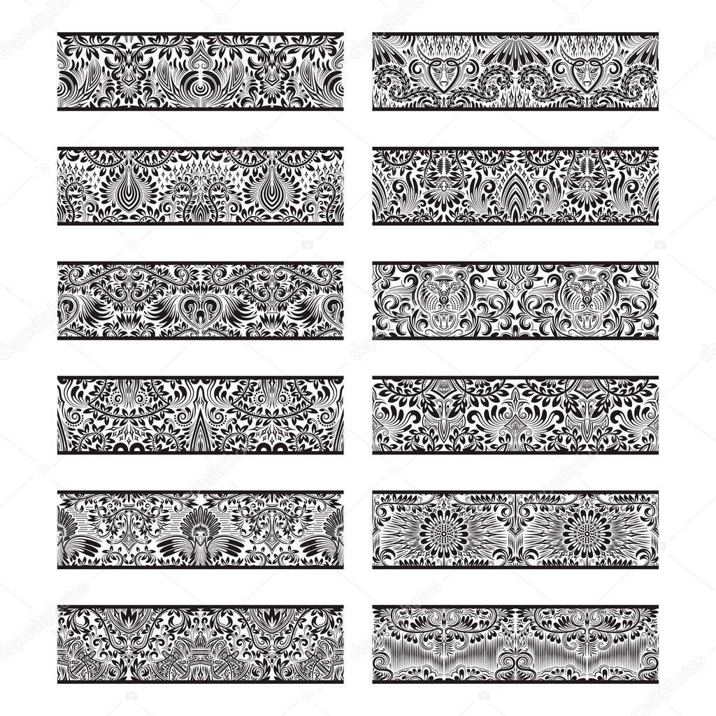 Floral patterned vintage elements for vector brushes creating. Borders templates kit for frames design and page decorations.