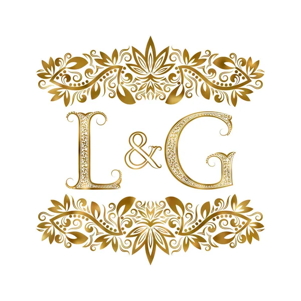 L і G вінтажні ініціали логотип символ. Літери оточені декоративними елементами. Монограма весільних або ділових партнерів в королівському стилі . — стоковий вектор