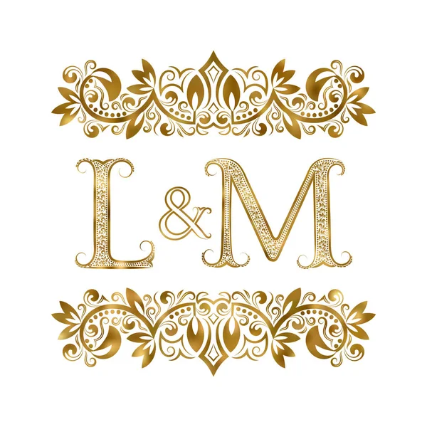 L and M vintage initials logo symbol. The letters are surrounded by ornamental elements. Wedding or business partners monogram in royal style. — Stock Vector