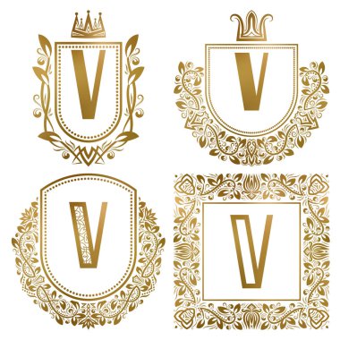 Altın vintage Monogram ayarlayın. Hanedan logoları ile harf V.