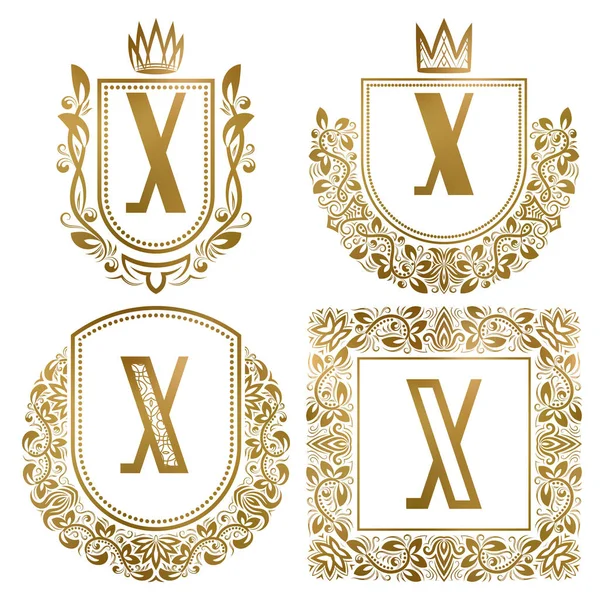 Golden vintage monograms set. Heraldic logos with letter X. — Stock Vector