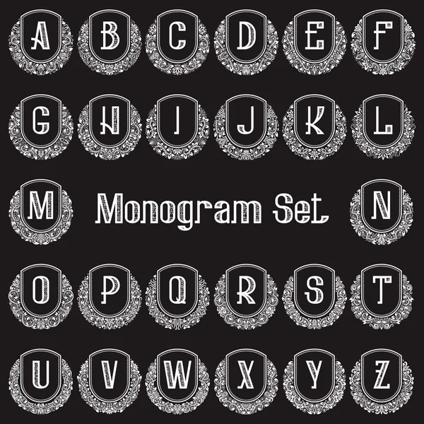 Conjunto de elegantes monogramas en estilo antiguo. Logotipos vintage blancos de marcos redondos adornados y letras del alfabeto inglés . — Archivo Imágenes Vectoriales