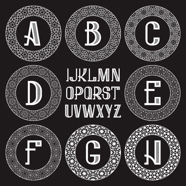 Patterned monogram kit. White letters and ornamental round frames for creating initial logo in vintage oriental style. — Stock Vector