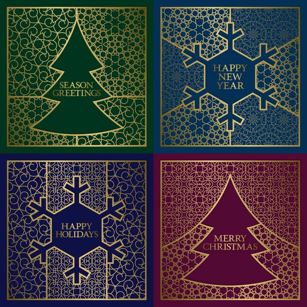 Inverno temporada cumprimentos cartões conjunto. Fundos dourados com molduras na árvore de Natal e formas de floco de neve de Ano Novo . — Vetor de Stock
