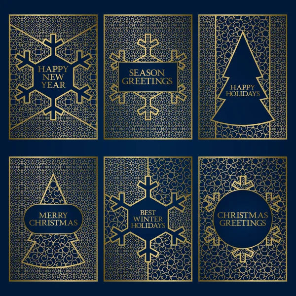 Set of winter season greeting cards templates. Golden frames design for New Year and Merry Christmas. — Stock Vector