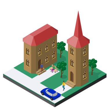 İki katlı bina ve kule, tezgah, ağaçlar, insanlar, araba izometrik görünümünde.