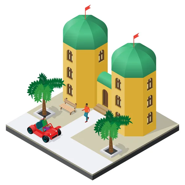 Arabische paleis met auto, Bank, palmbomen en mensen in isometrische weergave. — Stockvector