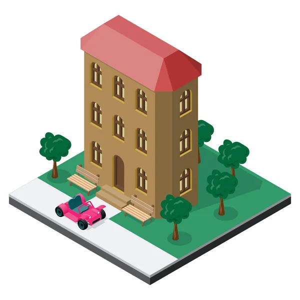 Three-story building with benches, trees and car in isometric view. — Stock Vector