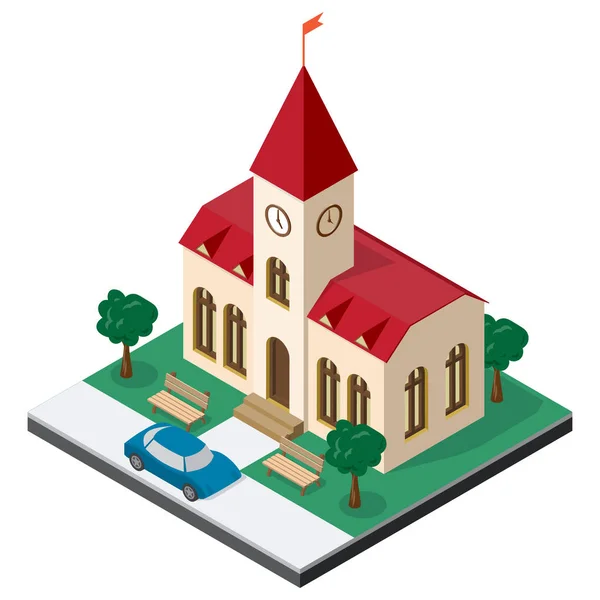 Town hall building with benches, trees and car in isometric view — Stock Vector