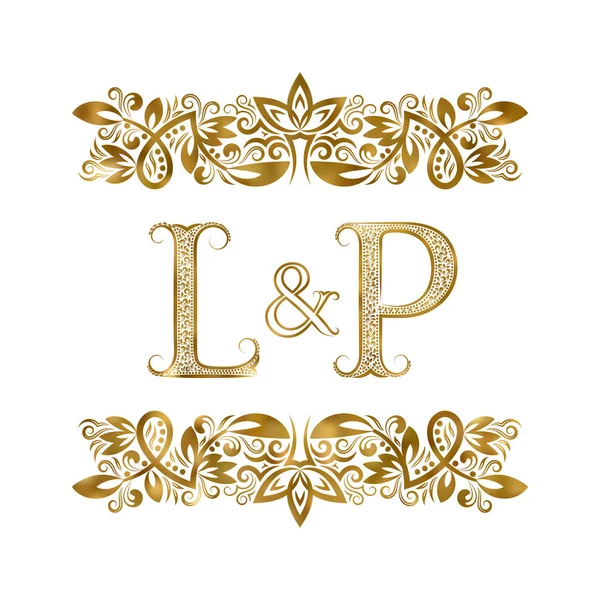 L і P вінтажні ініціали логотип символ. Літери оточені декоративними елементами. Монограма весільних або ділових партнерів в королівському стилі . — стоковий вектор