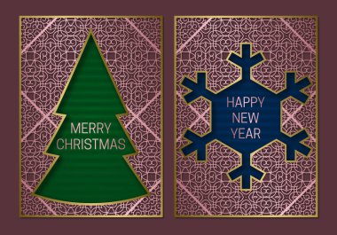 Noel ağacı ve kar tanesi çerçeve ile yeni yıl ya da neşeli Noel tebrik kartı kapak şablonu.