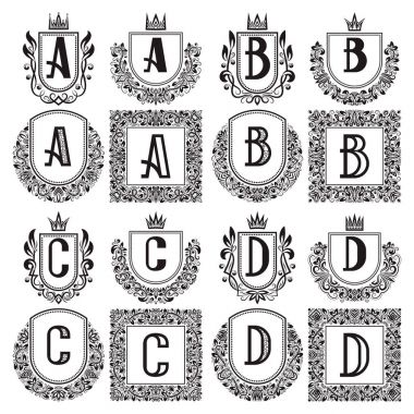 Yalıtılmış bağbozumu Monogram ayarlayın. Hanedan logoları ile A, B, C, D harfi. Siyah çelenk, silah kat yuvarlak ve kare kare.