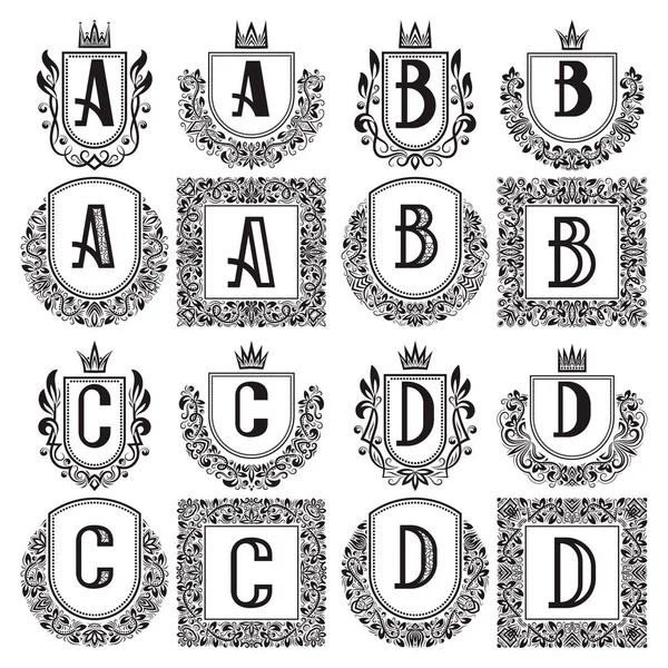 Isolated vintage monograms set. Heraldic logos with A, B, C, D letter. Black coats of arms in wreaths, round and square frames. — Stock Vector