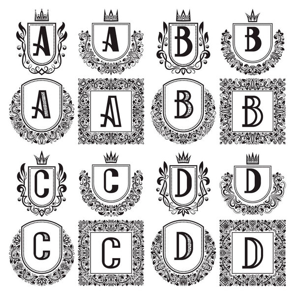 Isolated vintage monograms set. Heraldic logos with A, B, C, D letter. Black coats of arms in wreaths, round and square frames.