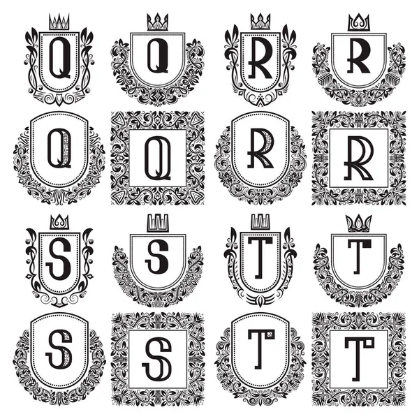 Einzelne Vintage-Monogramme. Wappenlogos mit q, r, s, t Buchstaben. schwarze Wappen in Kränzen, runden und quadratischen Rahmen. — Stockvektor