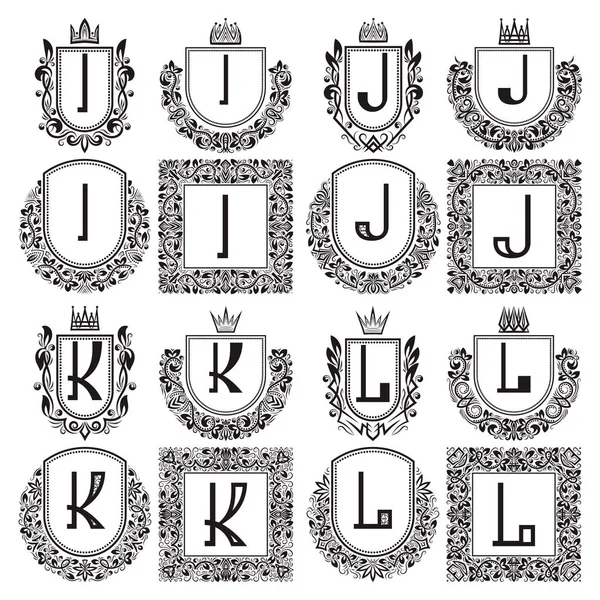 Ізольований вінтажний набір монограм. Геральдичні логотипи з літерою I, J, K, L. Чорні герби в вінках, круглих і квадратних рамах . — стоковий вектор