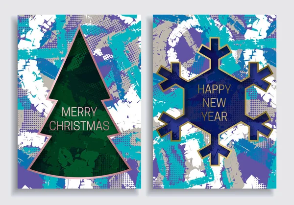 Joyeux Nouvel An et Joyeux Noël modèles de cartes de voeux sur fond de texture grunge avec arbre de Noël et cadre de flocon de neige . — Image vectorielle