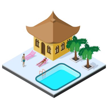 Dinlenme Havuzu, güneşlenme yatakları, palmiye ağaçları ve insanlar kır evi ile izometrik görünümünde sahne.