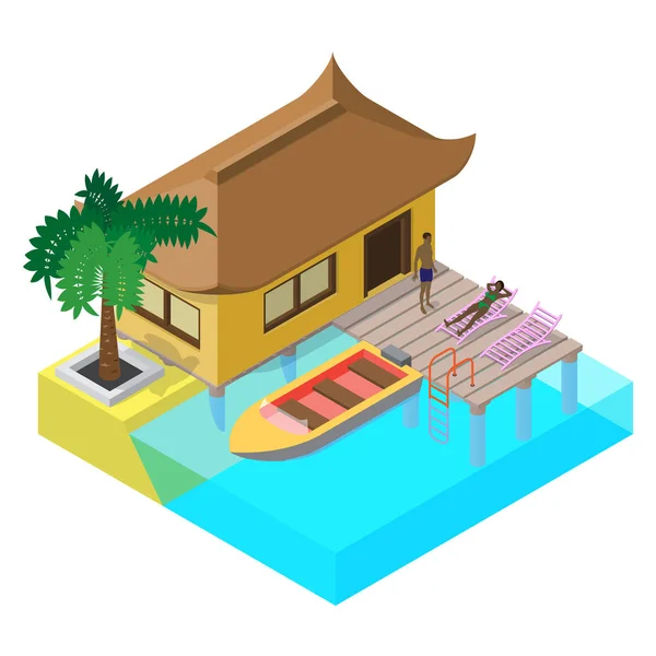 Escena de descanso veraniego en vista isométrica con bungalow de mar, lancha, tumbonas, palmera, muelle y personas . — Vector de stock