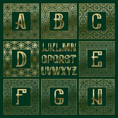 Desenli monogram kiti. Altın harfler ve süs kare çerçeveler vintage oryantal tarzda ilk logo oluşturmak için.