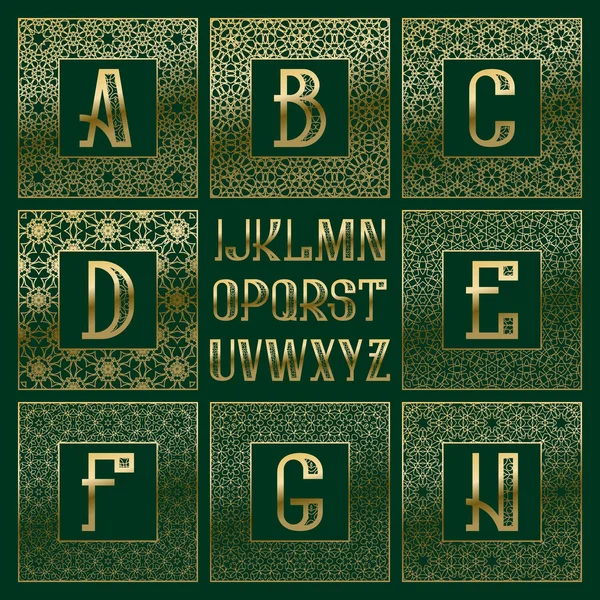 Patroon monogram kit. Gouden letters en vierkante sierlijsten voor het creëren van eerste logo in vintage oosterse stijl. — Stockvector