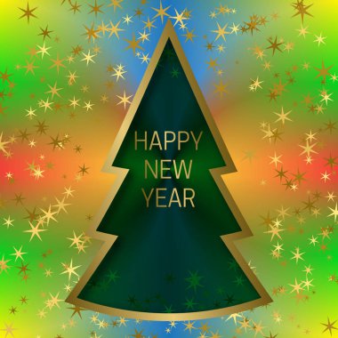 Mutlu yeni yıl tebrik kartı şablonu parlak yıldız ve Noel ağacı çerçeve karışık renkli arka plan üzerinde.