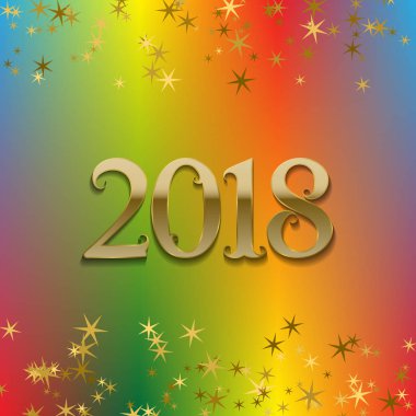 2018 yeni yıl tebrik kartı şablonu parlak yıldız ile karışık renkli arka plan üzerinde.