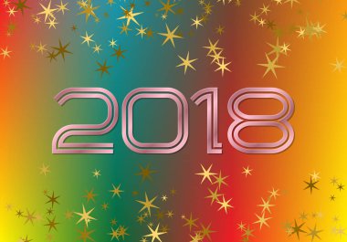 2018 yeni yıl tebrik kartı şablonu parlak yıldız ile karışık renkli arka plan üzerinde.