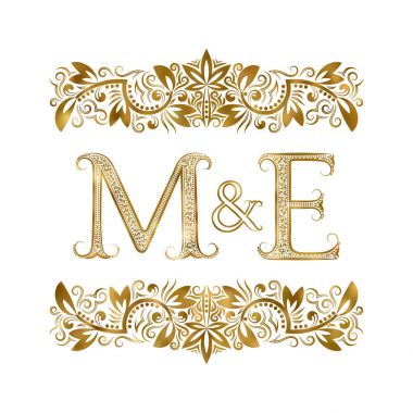 M ve E vintage baş harfleri logo sembolü. Harfleri süs öğeleri tarafından çevrili. Düğün ya da iş ortakları monogram Kraliyet tarzı.