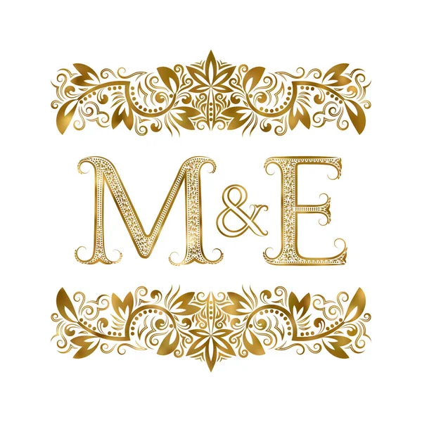 M and E vintage initials logo symbol. The letters are surrounded by ornamental elements. Wedding or business partners monogram in royal style. — Stock Vector