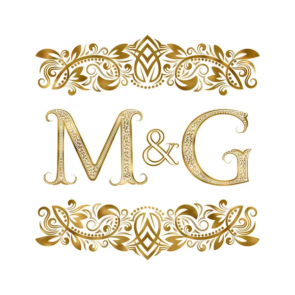 M en G vintage initialen logo symbool. De letters zijn omringd door decoratieve elementen. Bruiloft of zakelijke partners monogram in Koninklijke stijl. — Stockvector