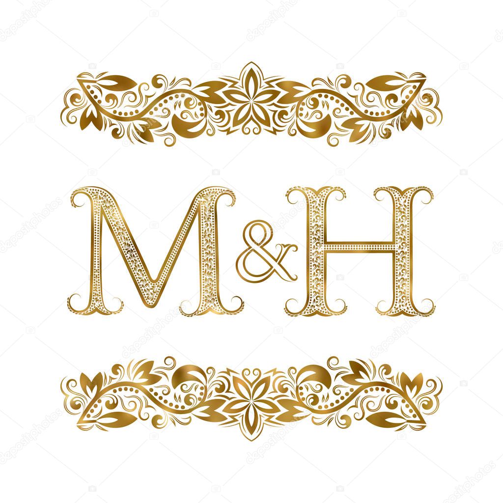 M and H vintage initials logo symbol. The letters are surrounded by ornamental elements. Wedding or business partners monogram in royal style.