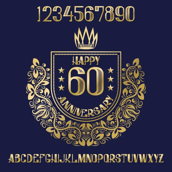 Feliz kit de señal de aniversario. Números, alfabeto y marco de corona con motivos dorados para crear un símbolo de celebración . — Vector de stock