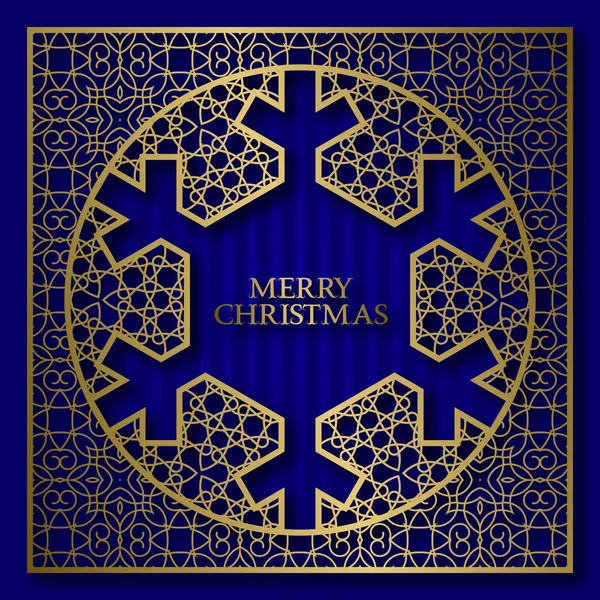 Feliz Natal cartão cobrir fundo com moldura ornamental dourada em forma de floco de neve . — Vetor de Stock