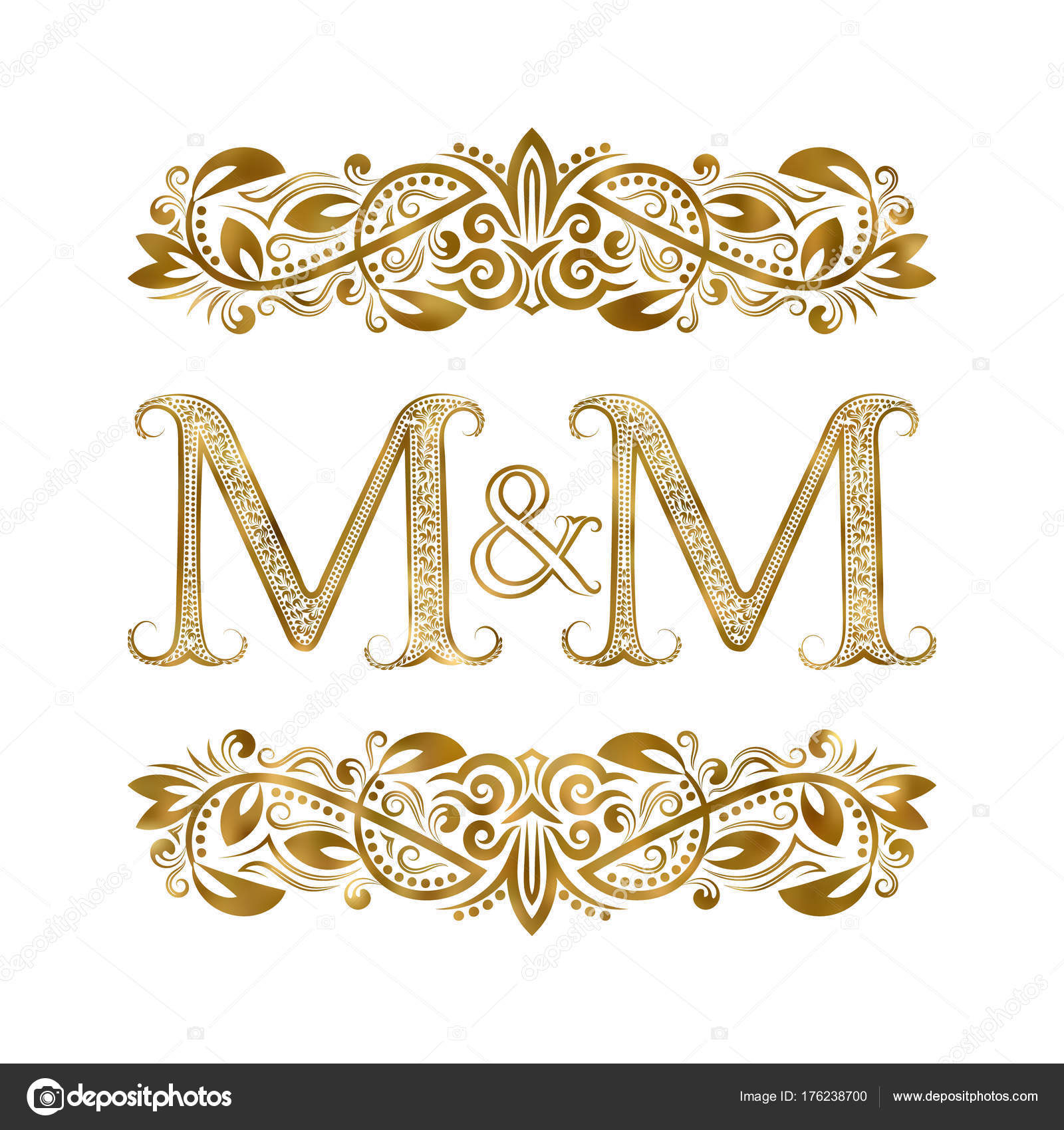 M&M Initial logo. Ornament ampersand monogram golden logo Stock Vector