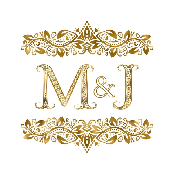 M and J vintage initials logo symbol. The letters are surrounded by ornamental elements. Wedding or business partners monogram in royal style. — Stock Vector