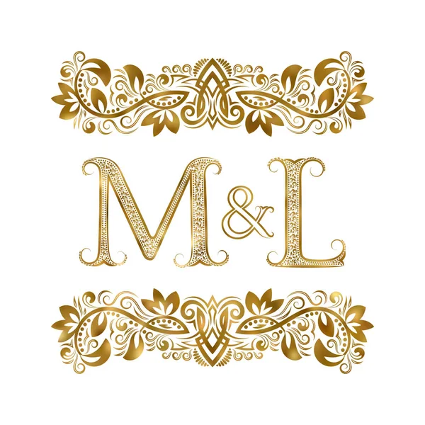 M and L vintage initials logo symbol. The letters are surrounded by ornamental elements. Wedding or business partners monogram in royal style. — Stock Vector