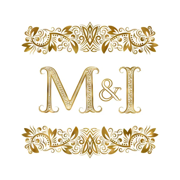 M and I vintage initials logo symbol. The letters are surrounded by ornamental elements. Wedding or business partners monogram in royal style. — Stock Vector