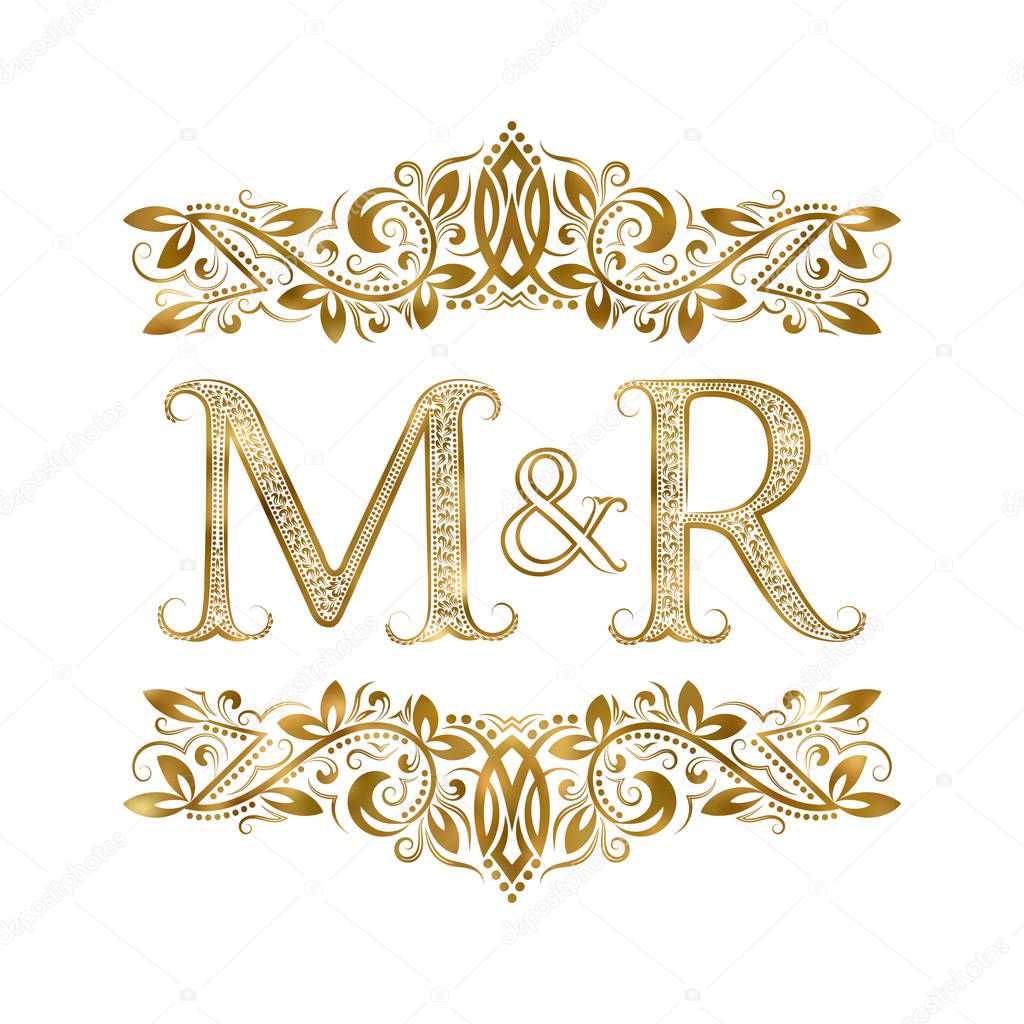 M and R vintage initials logo symbol. The letters are surrounded by ornamental elements. Wedding or business partners monogram in royal style.