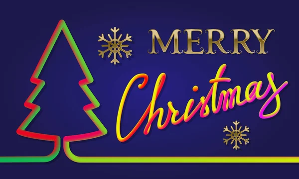 Feliz Natal inscrição colorida lettering com cores fluidas silhueta árvore de natal. Design de cartão de felicitações de férias . — Vetor de Stock