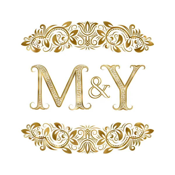 M e Y vintage iniciales símbolo del logotipo. Las letras están rodeadas de elementos ornamentales. Boda o socios de negocios monograma en estilo real . — Vector de stock